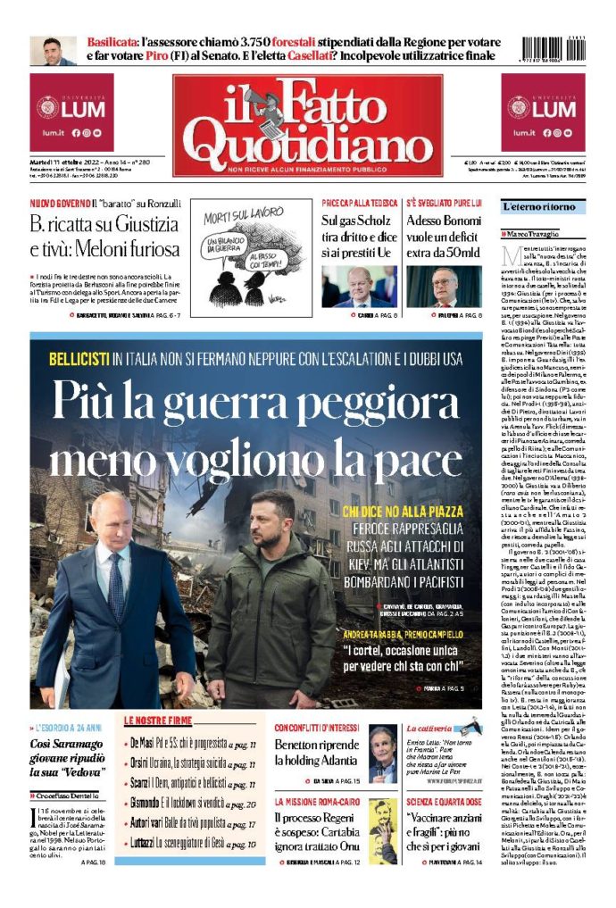 Copertina de Il Fatto Quotidiano di Mar 11 Ottobre 2022