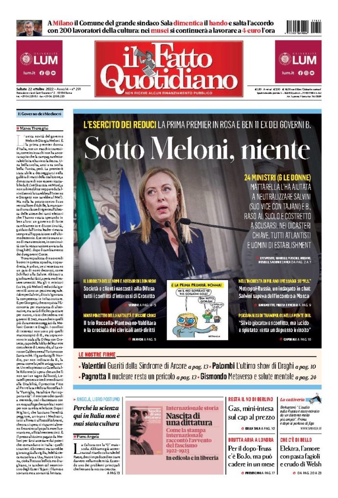 Copertina di sabato 22 Ottobre 2022