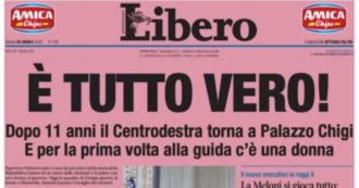 Copertina di “È tutto vero!”: Libero con la prima pagina in rosa celebra la nascita del governo Meloni copiando la Gazzetta