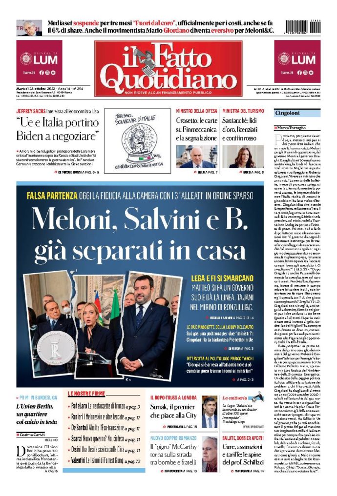 Copertina di martedì 25 Ottobre 2022