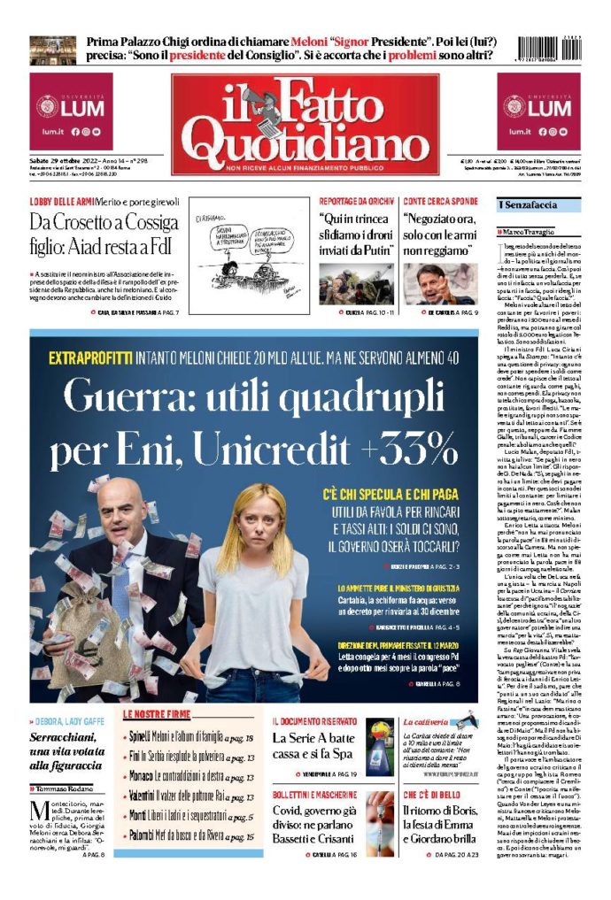 Copertina di sabato 29 Ottobre 2022