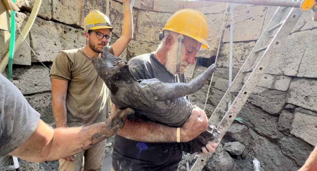 Il recupero nella vasca di nn statua durante la scoperta di un deposito votivo negli scavi di San Casciano dei Bagni, 8 novembre 2022. ANSA/ JACOPO TABOLLI  ++HO – NO SALES EDITORIAL USE ONLY++
