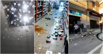 Copertina di Terremoto Marche, persone in strada ad Ancona. Bottiglie e merce a terra in un supermercato dopo la scossa – i video
