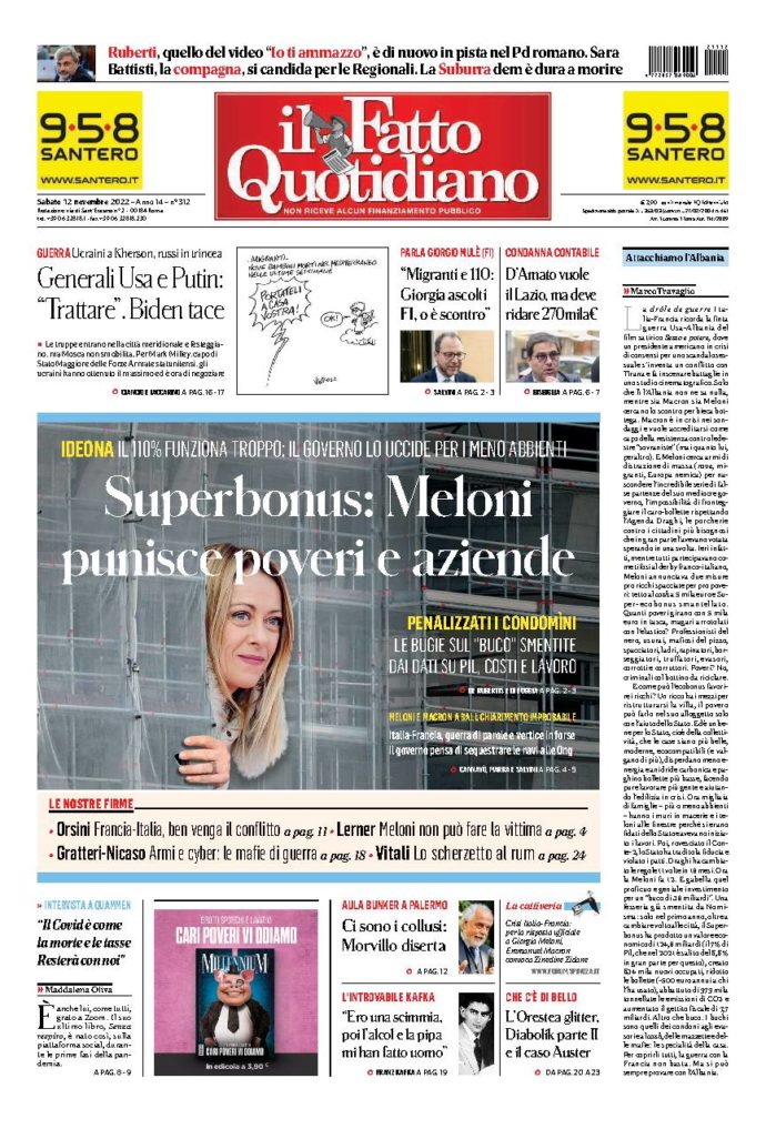 Copertina de Il Fatto Quotidiano di Sab 12 Novembre 2022