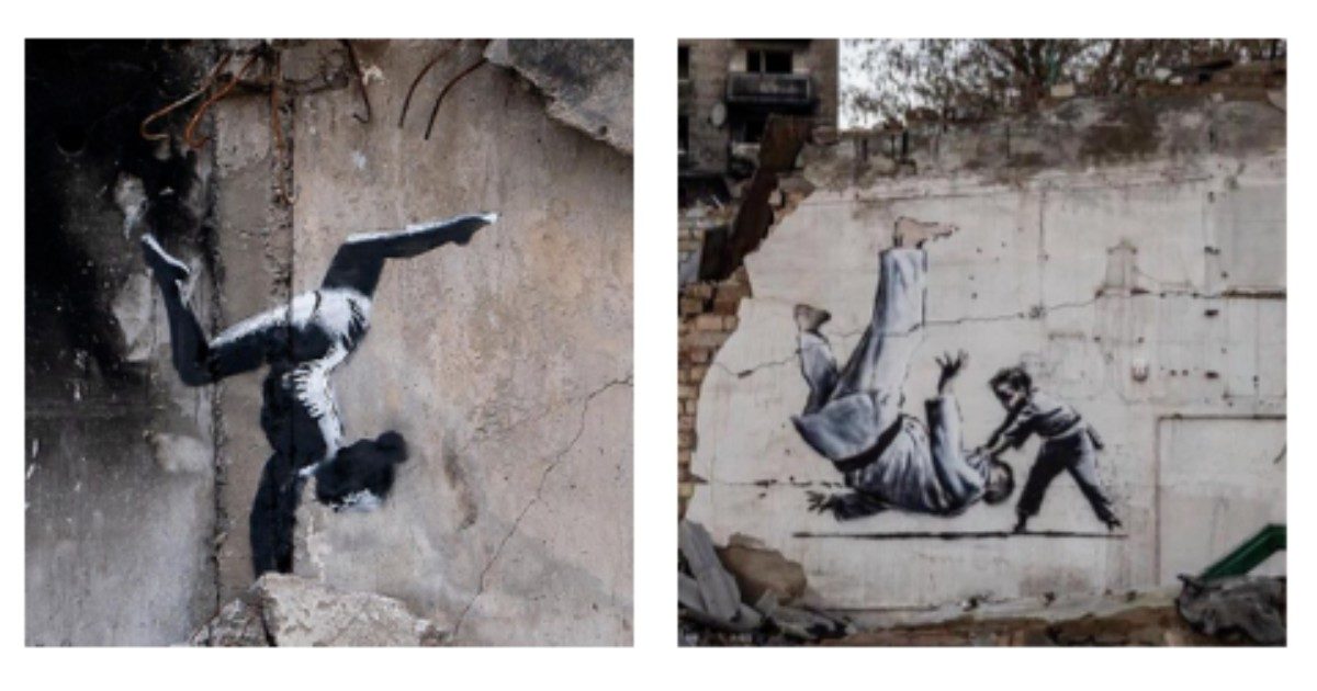 Banksy in Ucraina “mette al tappeto” Putin: a Borodjanka spuntano i murales contro la guerra