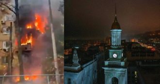 Copertina di Ucraina, missili russi nel centro di Kiev: le fiamme avvolgono un palazzo – Video