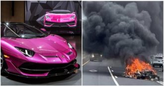 Copertina di Schianto tra due Lamborghini, a fuoco la Aventador rosa di un collezionista: valeva 400 mila euro