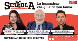 Copertina di Scuola del Fatto Quotidiano, la presentazione con Domenico De Masi, Cinzia Monteverdi e Andrea Scanzi: segui la diretta