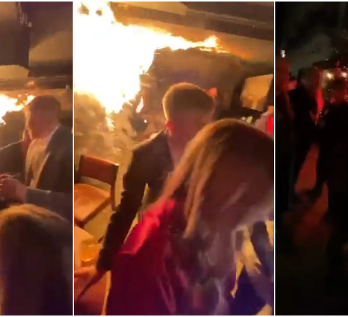 Panico al ristorante, l’albero di Natale prende fuoco: la fuga dei clienti durante la cena – Video