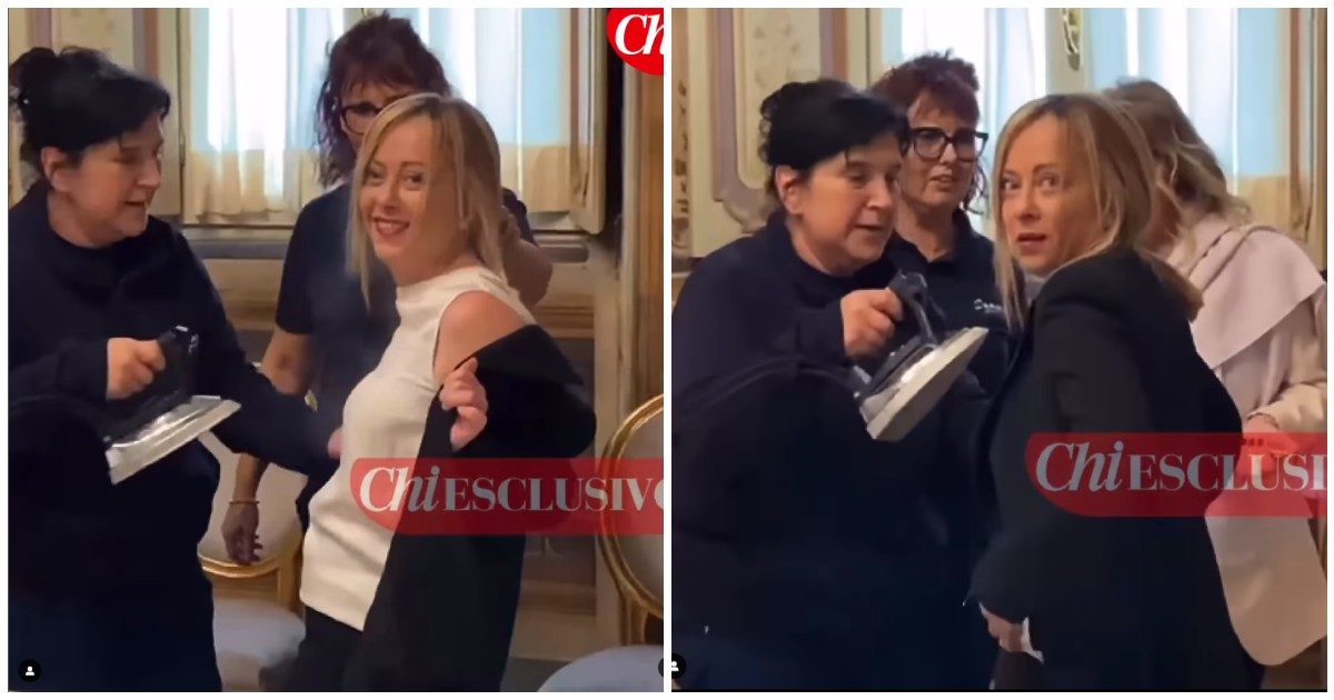 Giorgia Meloni si accorge che ha la camicetta stropicciata e si fa dare una svaporata con il ferro da stiro: il video del retroscena