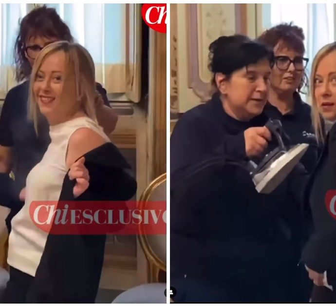 Giorgia Meloni si accorge che ha la camicetta stropicciata e si fa dare una svaporata con il ferro da stiro: il video del retroscena