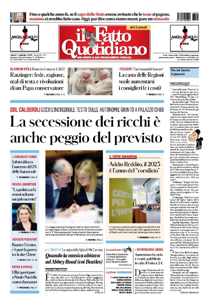 Copertina de Il Fatto Quotidiano di Lun 2 Gennaio 2023