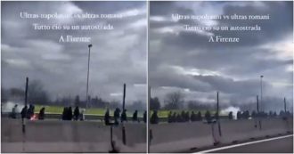 Copertina di Il video degli scontri tra ultras di Napoli e Roma in A1: tifosi incappucciati e fumogeni in autostrada