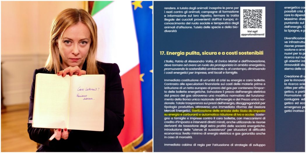 Meloni: “In campagna elettorale non ho promesso tagli delle accise”. Ma nel programma Fdi c’è. E la premier lo spiega così