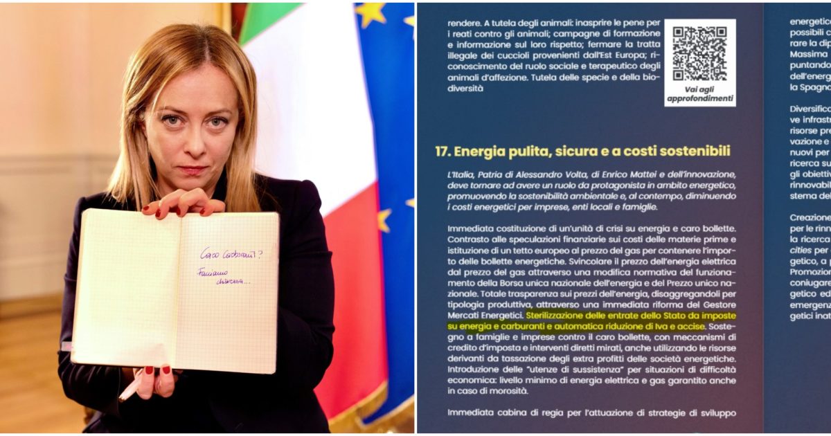 Meloni: “In campagna elettorale non ho promesso tagli delle accise”. Ma nel programma Fdi c’è l'”automatica riduzione”. E la premier lo spiega così