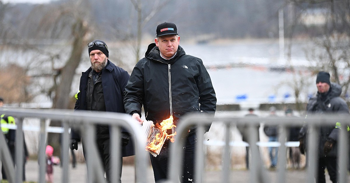 Photo of Sweden’s far right burns the Koran.  The Prime Minister condemns the protests in many Muslim countries