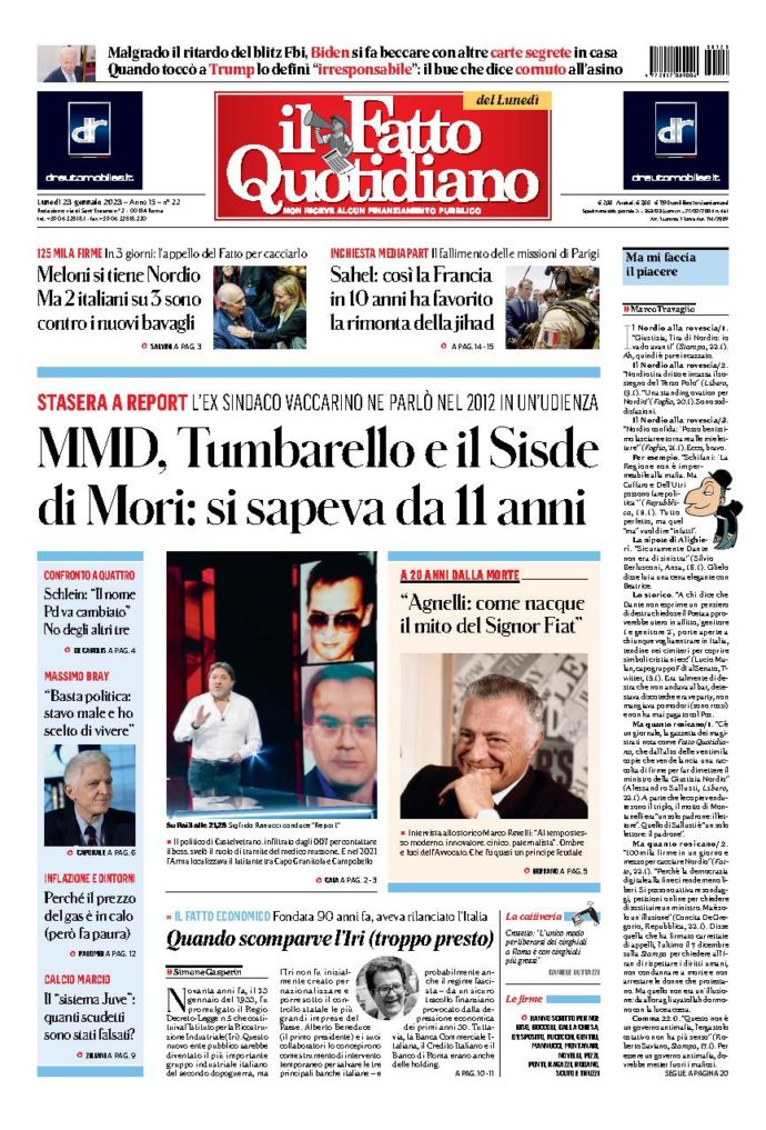 Copertina di lunedì 23 Gennaio 2023