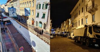 La neve trasportata con i camion dalle montagne al centro di Trento: polemiche per la cerimonia d’apertura della Marcialonga