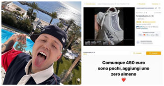 Copertina di Lazza regala una scarpa autografata ad una fan ma lei la rivende su Internet. Il cantante non ci sta e si sfoga: “Basta, non farò più regali”
