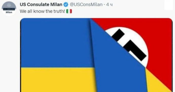 “Conosciamo la verità!”: hackerato l’account twitter del consolato Usa a Milano. Nella foto una bandiera nazista dietro a quella ucraina