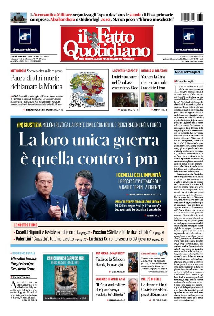 Copertina di sabato 11 Marzo 2023