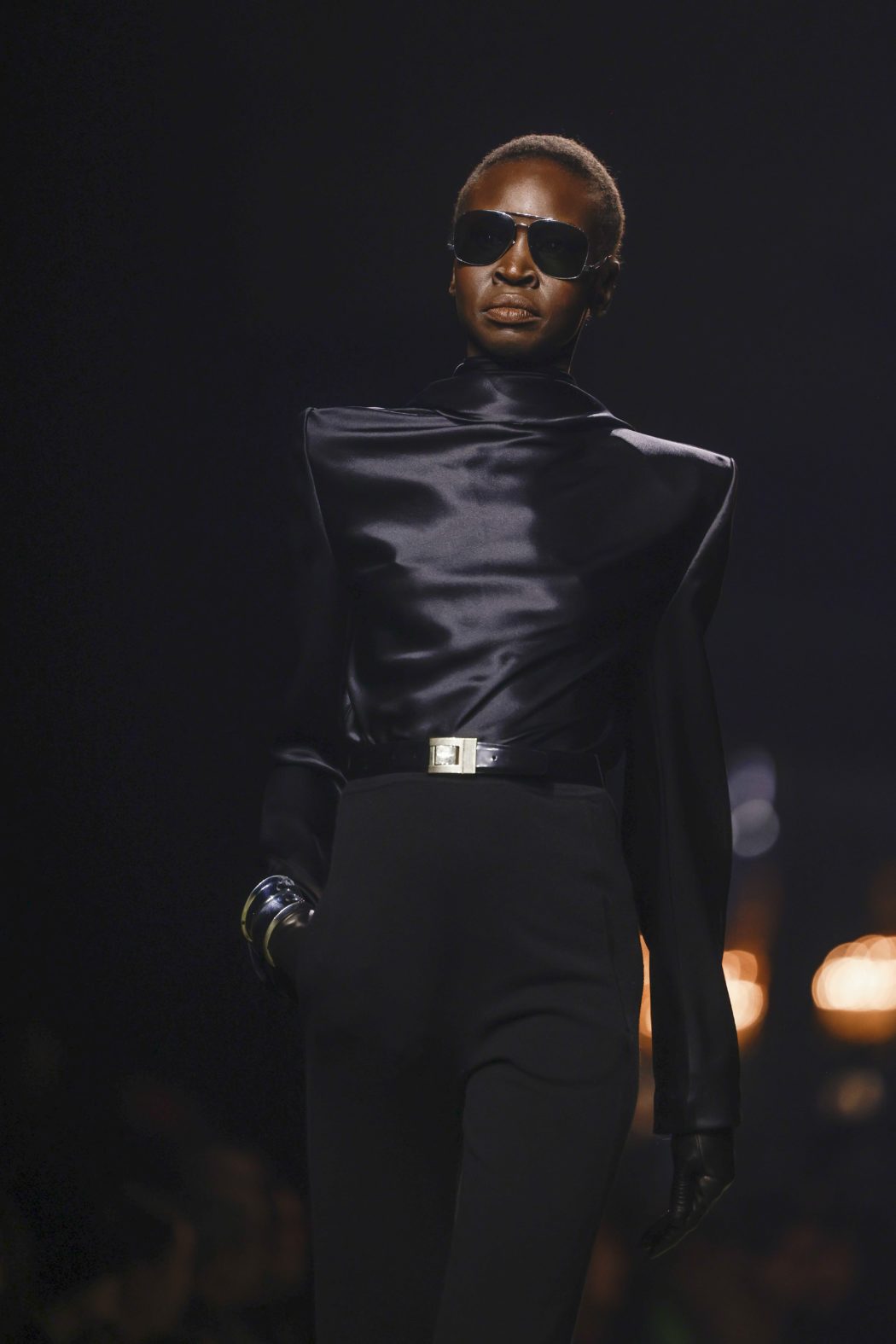 A model wears a creation as part of the Saint Laurent Fall/Winter 2023-2024 ready-to-wear collection presented Tuesday, Feb. 28, 2023 in Paris. (Vianney Le Caer/Invision/AP)