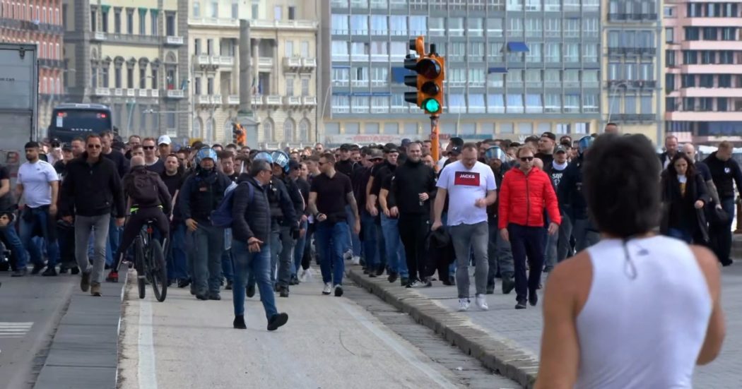 Napoli-Eintracht, i tifosi tedeschi improvvisano un corteo sul lungomare: la polizia in presidio antisommossa – Video