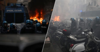 Copertina di Napoli, guerriglia degli ultras tedeschi nel centro: incendiata una volante della polizia