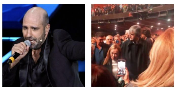 Giorgia Meloni a vedere Checco Zalone. Lui: “Non mi fate fare figure di me***…. Ha preferito il mio spettacolo al karaoke con Macron”