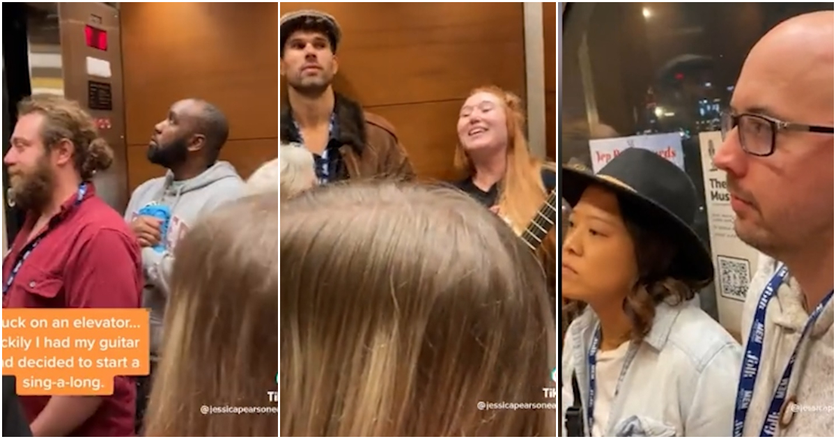 Bloccati in ascensore, lei canta e suona con la chitarra ma i presenti sembrano non gradire: la loro reazione è impagabile – Video