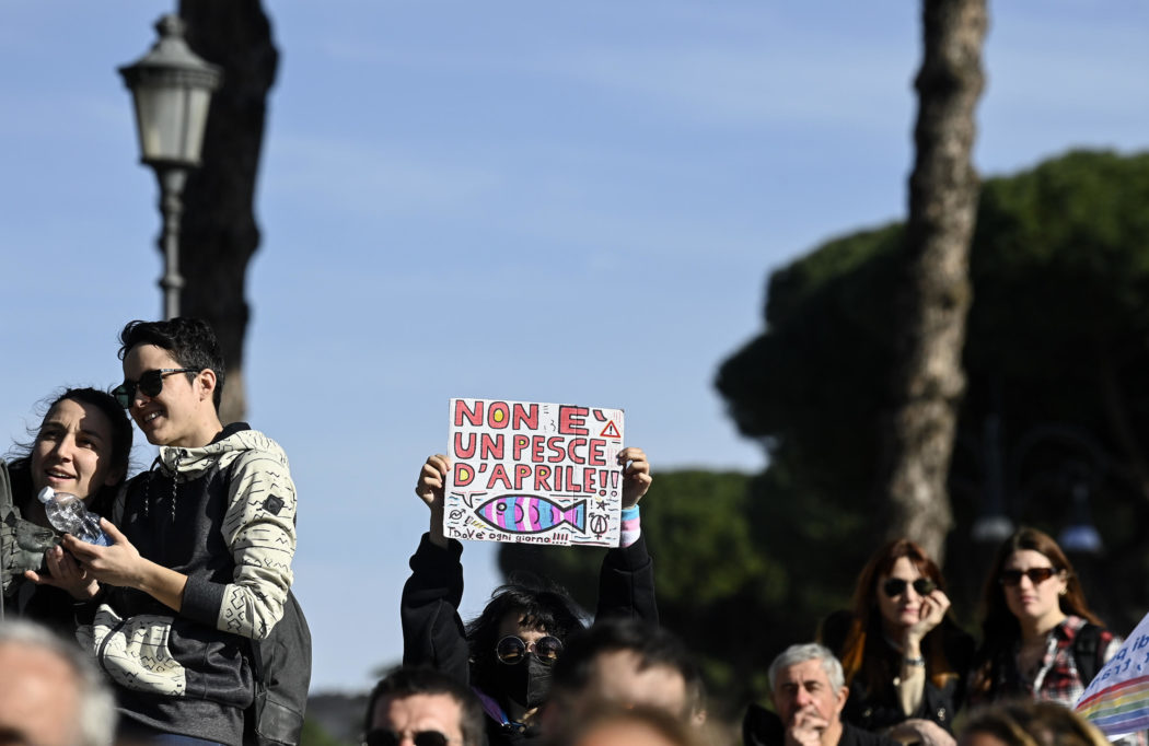 People demonstrates in RomeÕs center during the Trans Day of Visibility, Rome, Italy, 1 April 2023. ANSA/RICCARDO ANTIMIANI