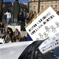 People demonstrates in Romes center during the Trans Day of Visibility, Rome, Italy, 1 April 2023. ANSA/RICCARDO ANTIMIANI