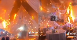 Copertina di Matrimonio da incubo, scoppia un incendio durante il ricevimento di nozze: panico tra gli invitati – VIDEO