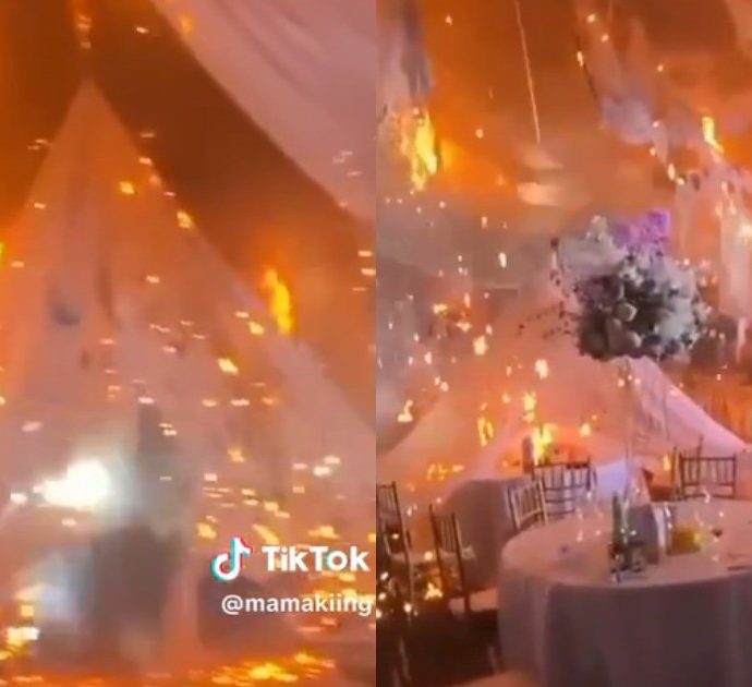 Matrimonio da incubo, scoppia un incendio durante il ricevimento di nozze: panico tra gli invitati – VIDEO