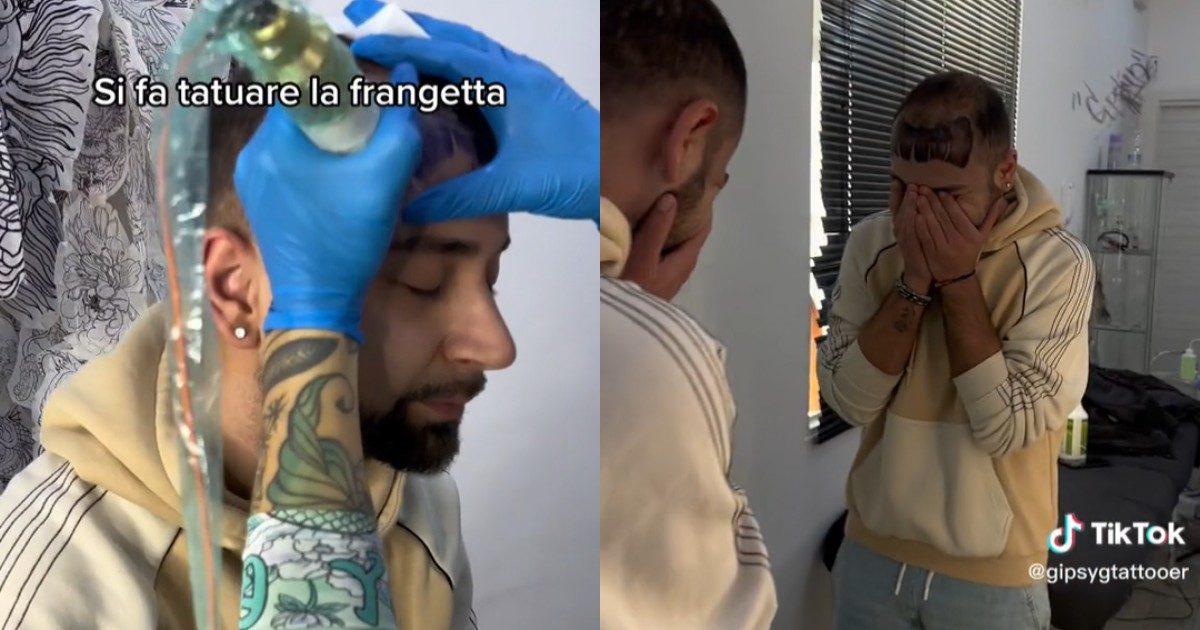 Si fa tatuare la frangetta per coprire la calvizie, poi scoppia in lacrime alla vista del disastroso risultato. Ma il video solleva dei dubbi