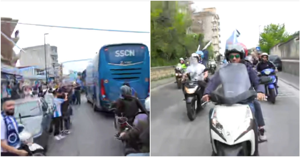 Il viaggio del pullman del Napoli verso lo stadio è da brividi: strade piene di tifosi e alle spalle una carovana di moto – Video