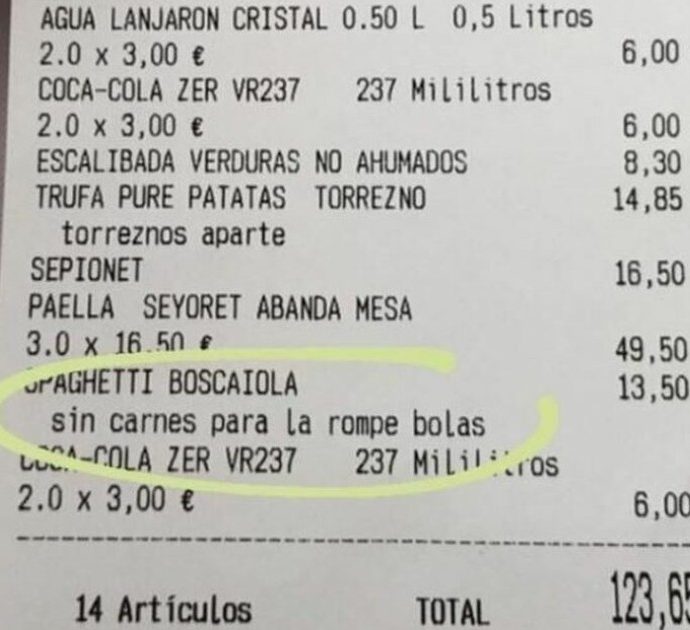 “Niente carne per la rompiballe”: cameriere scrive nello scontrino un commento al vetriolo sulla cliente, scoppia la polemica