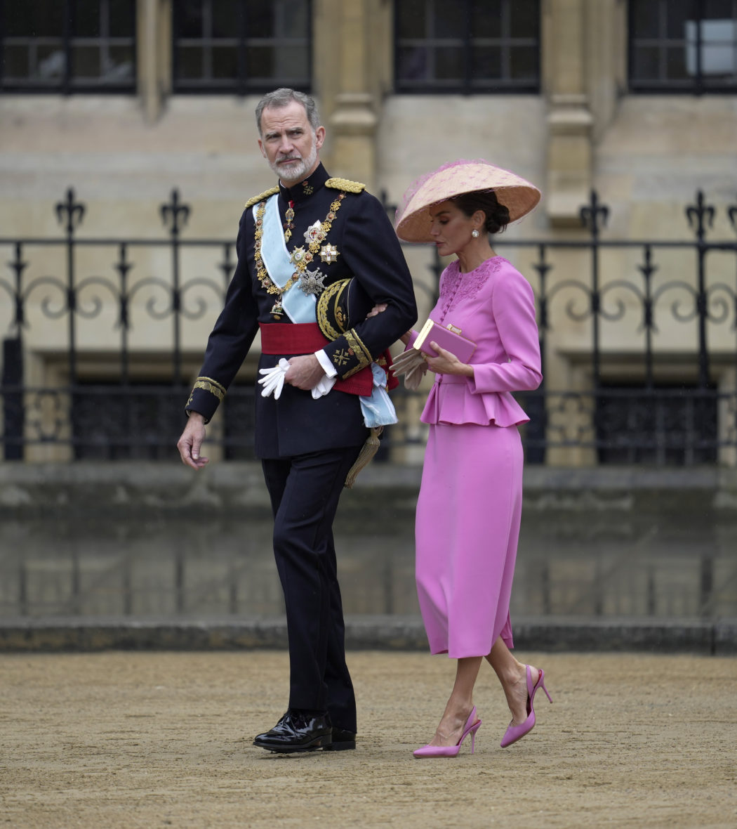 Spain’s Prince Felipe and Queen Letizia arrive ahead of the coronation of King Charles III and Camilla, the Queen Consort, in London, Saturday, May 6, 2023. (AP Photo/Kin Cheung)