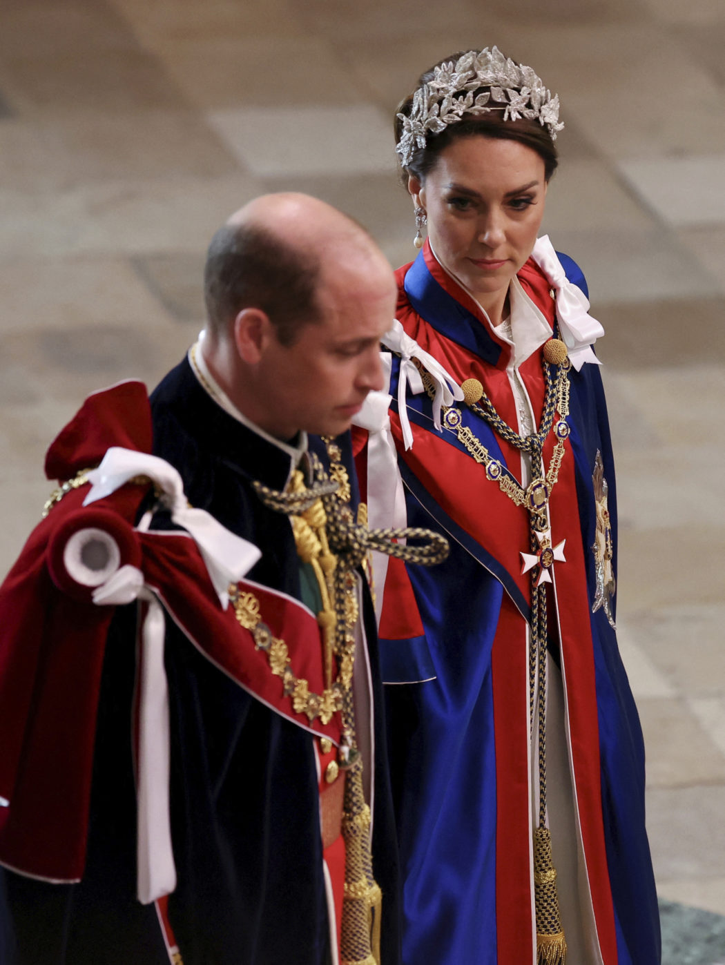 Britain’s Prince William and Kate, Princess of Wales, arrive at the coronation of King Charles III at Westminster Abbey, London, Saturday, May 6, 2023. (Phil Noble/Pool Photo via AP)