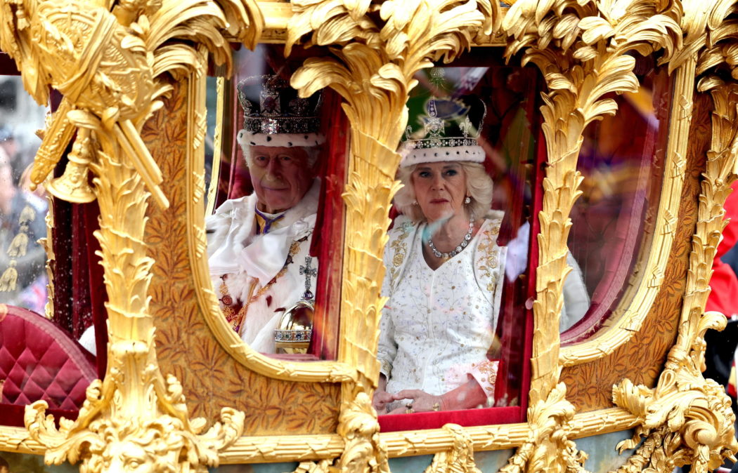 epa10611844 Britain’s King Charles III and Queen Camilla travel from Westminster Abbey to Buckingham Palace following their Coronation ceremony in London, Britain, 06 May 2023. The Coronation Procession in the Gold State Coach will be accompanied by members of the Armed Forces of the United Kingdom, the Commonwealth, British Overseas Territories and the Sovereigns Bodyguard and Royal Watermen.  EPA/Tolga Akmen