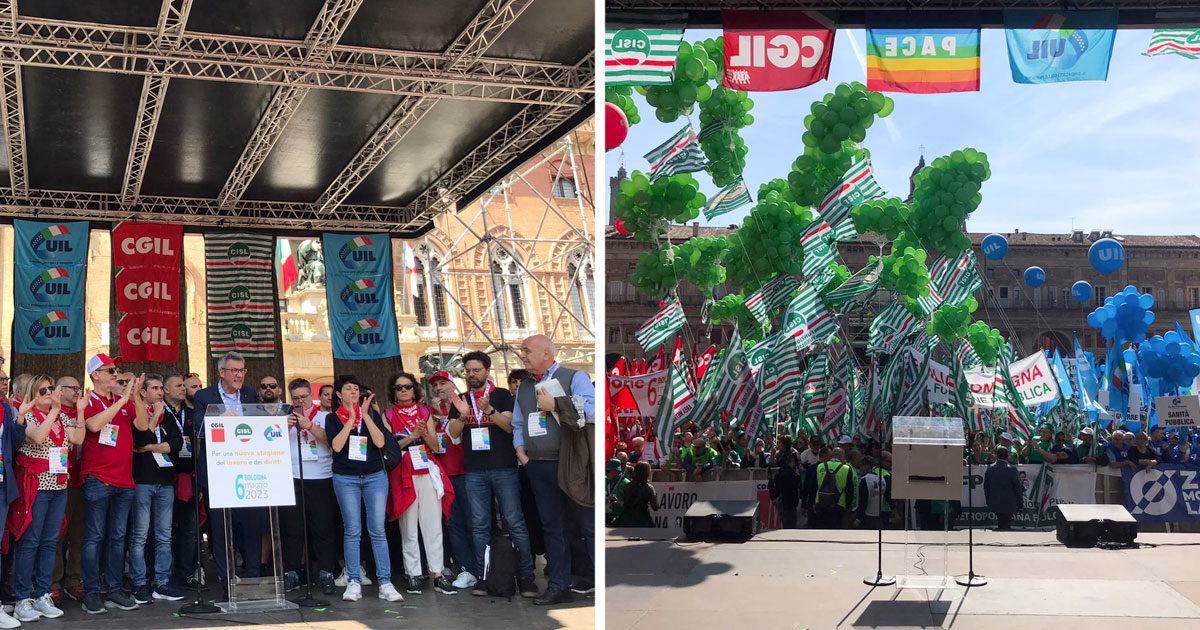 Sindacati in piazza a Bologna, Landini (Cgil): ‘Sciopero generale? Non si minaccia, si fa quando è il momento’. Bombardieri (Uil): ‘Non serve’