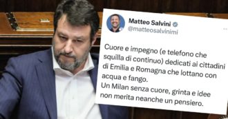 Copertina di Salvini associa l’alluvione in Emilia-Romagna alla sconfitta del Milan. Poi cancella il tweet
