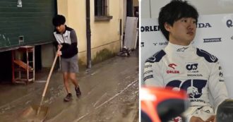 Anche il pilota di Formula 1 Yuki Tsunoda aiuta a spalare il fango dalle strade di Faenza