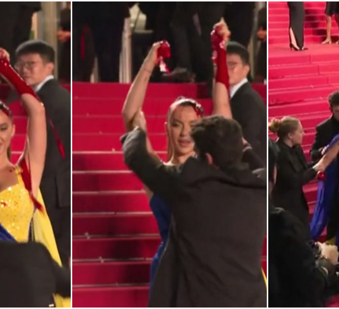 Si cosparge di sangue sul red carpet di Cannes: la protesta con l’abito coi colori dell’Ucraina – Video