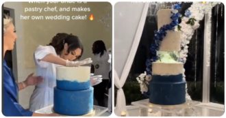 Copertina di Sposa pasticciera prepara la sua torta nuziale ma il risultato è un disastro: “Meglio che cambi mestiere”. Il video è virale