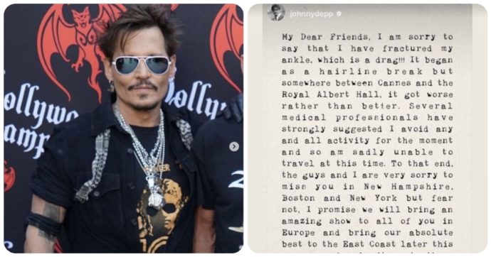 Johnny Depp costretto a posticipare il tour: “Ho rotto la caviglia. La situazione è peggiorata dopo Cannes e adesso non posso muovermi”