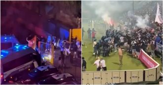 Copertina di Caos durante Brescia-Cosenza, i video degli scontri in campo tra tifosi e polizia e delle violenze fuori dallo stadio. Feriti otto agenti