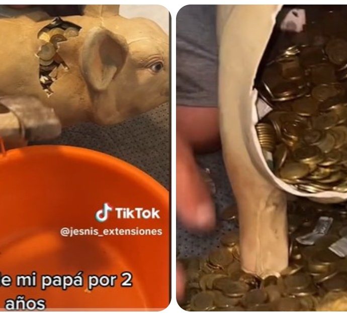 Papà apre il salvadanaio a forma di maialino e posta il video su TikTok: “Indovinate quanto c’era dentro?”