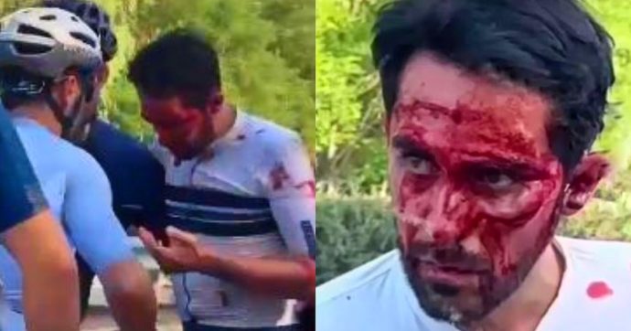 Contador con il volto ricoperto di sangue: brutta caduta durante un tour in Cina