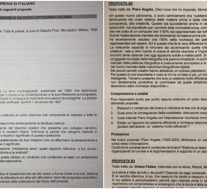 Maturità 2023, le foto delle tracce della prima prova scritta: Quasimodo, Moravia, Piero Angela e la lettera all’ex ministro Bianchi